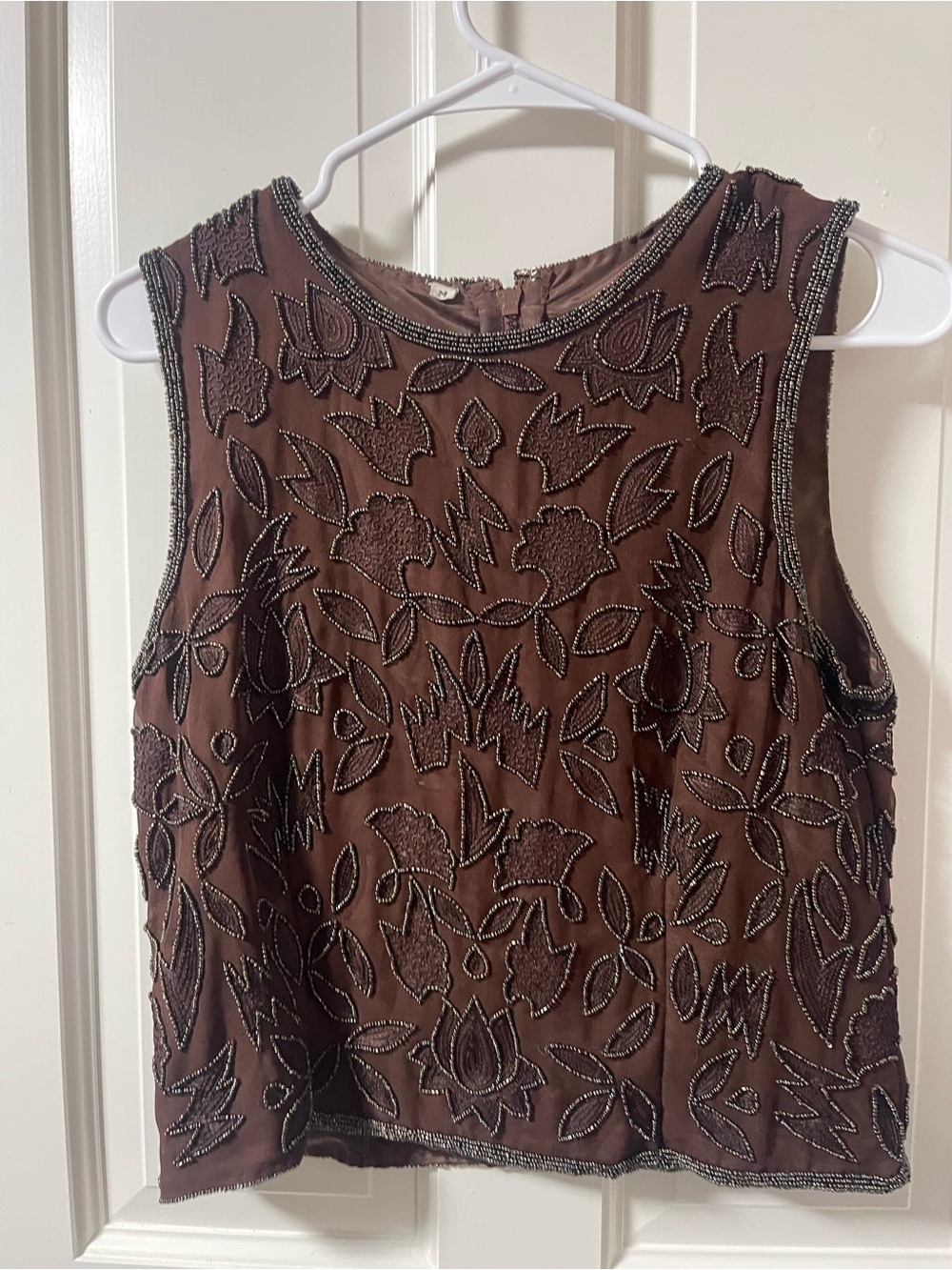 Beaded Floral Embellished Sleeveless Blouse - Brown